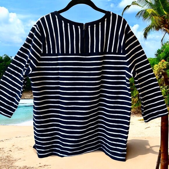 Navy Blue & White Striped Top Double Sided High/Low 3/4 Sleeve by Merona - Picture 5 of 13